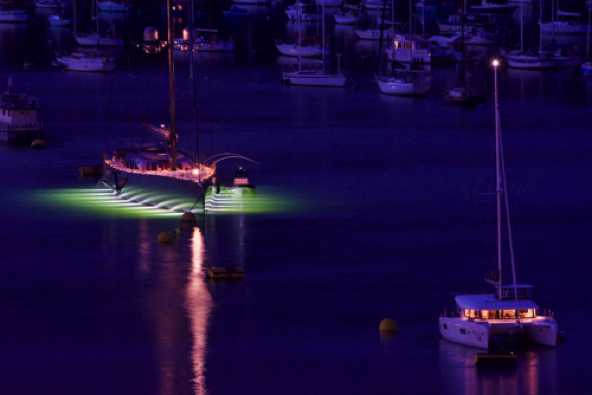 12 July 2023 - 22:15:41
The catamaran in the foreground is Mirariah. Itself quite a luxury craft at 13m in length. The mast falls short though.
-----------------
57m superyacht Ngoni in Dartmouth at night